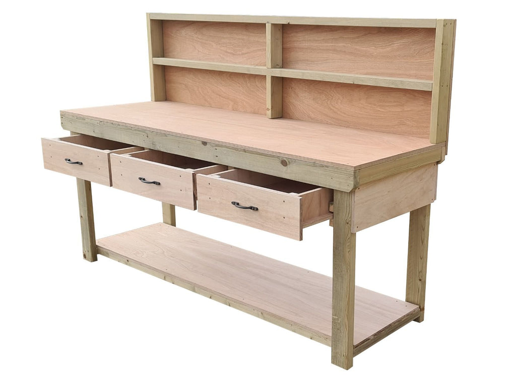 Wooden Eucalyptus hardwood workbench, tool cabinet with drawer (V.1) with back - SGP Garden Ltd