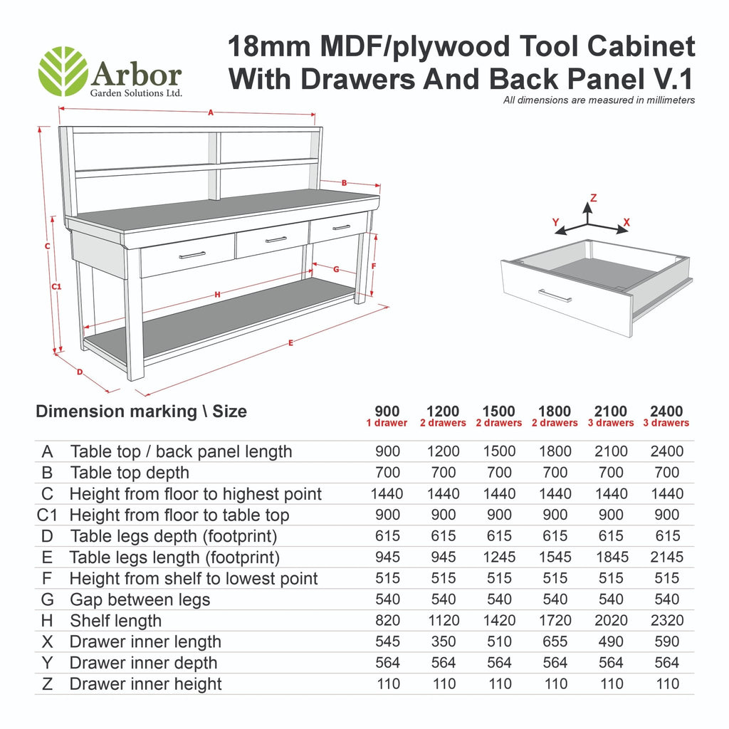 Wooden Eucalyptus hardwood workbench, tool cabinet with drawer (V.1) with back - SGP Garden Ltd