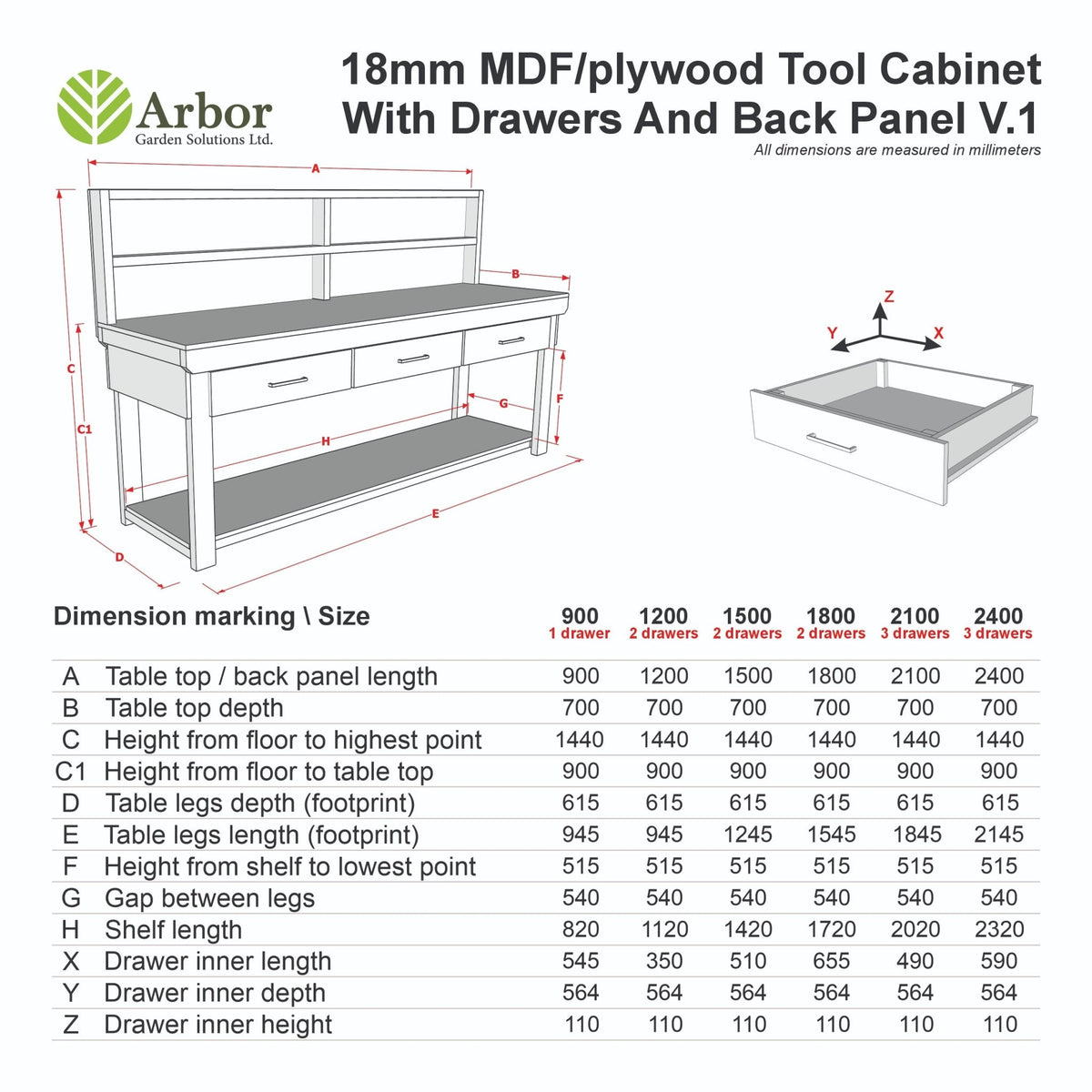 Wooden Eucalyptus hardwood workbench, tool cabinet with drawer (V.1) with back - SGP Garden Ltd