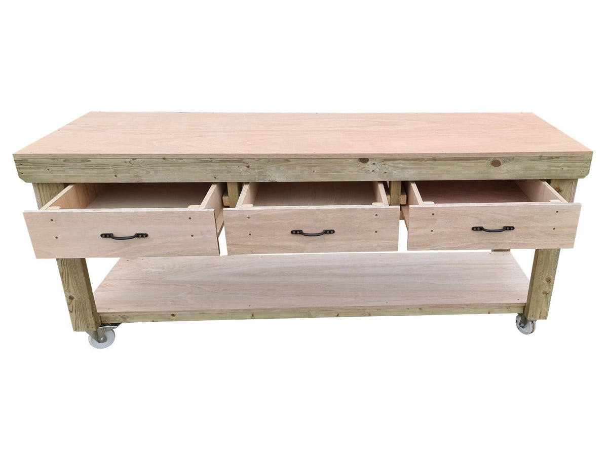 Wooden Eucalyptus hardwood workbench, tool cabinet with drawer (V.1) with wheels - SGP Garden Ltd