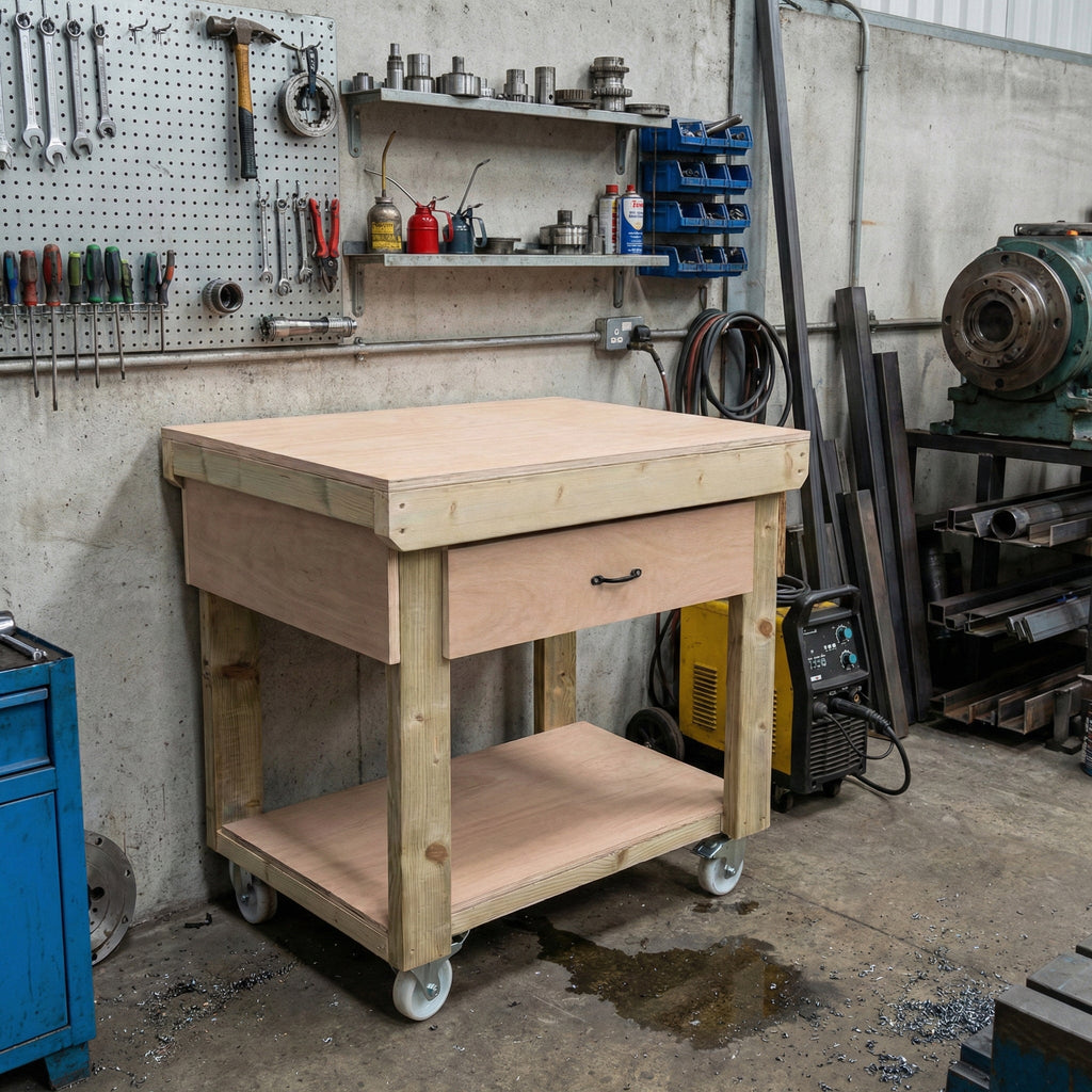 Wooden Eucalyptus hardwood workbench, tool cabinet with drawer (V.1) with wheels - SGP Garden Ltd