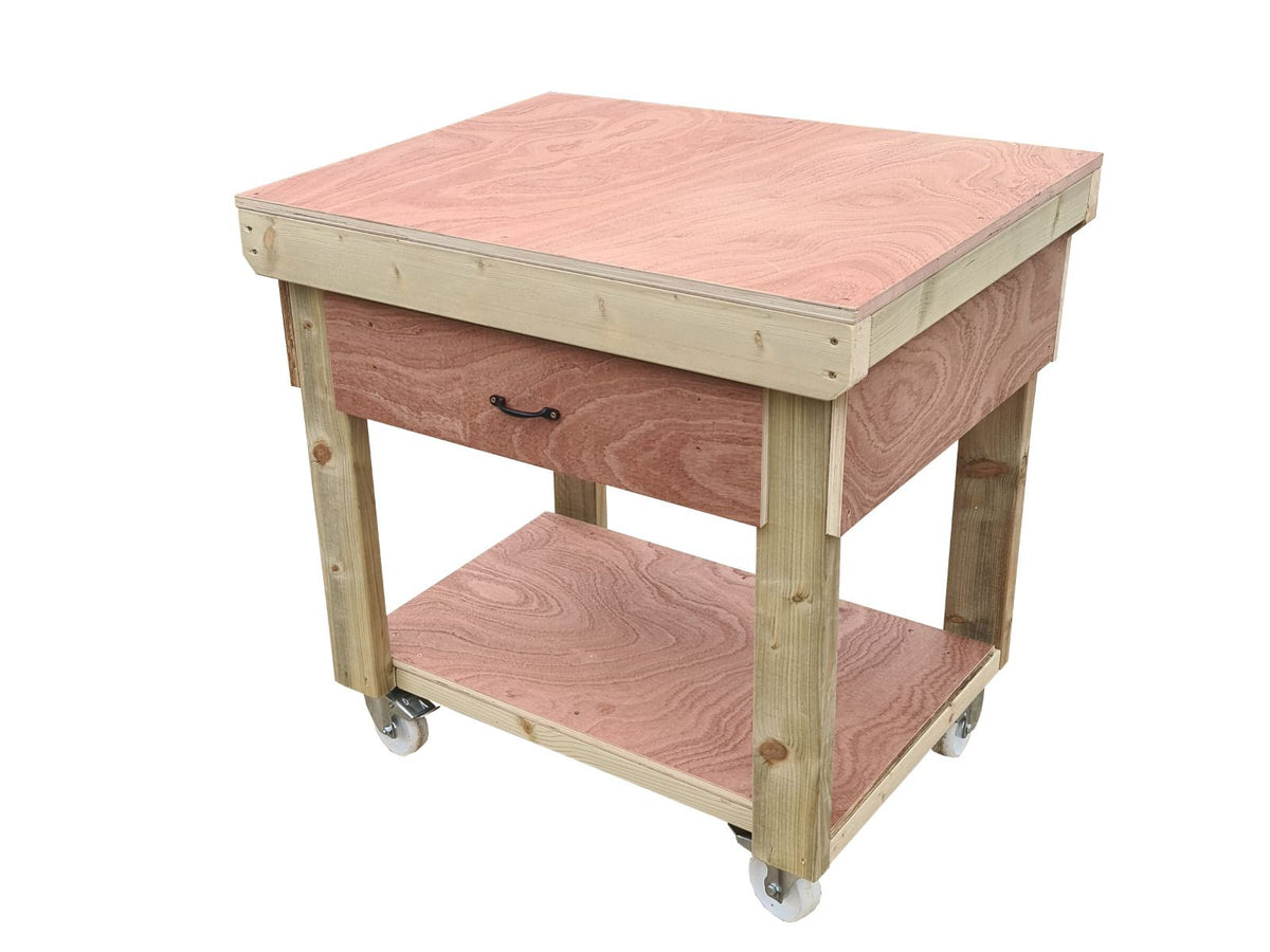 Wooden Eucalyptus hardwood workbench, tool cabinet with drawer (V.1) with wheels - SGP Garden Ltd
