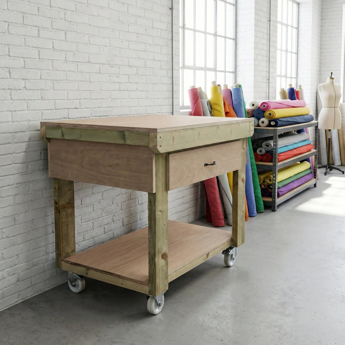 Wooden Eucalyptus hardwood workbench, tool cabinet with drawer (V.1) with wheels - SGP Garden Ltd