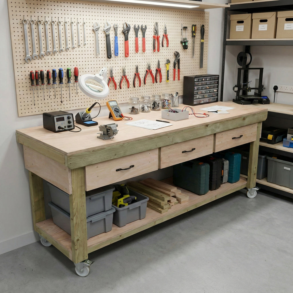 Wooden Eucalyptus hardwood workbench, tool cabinet with drawer (V.1) with wheels - SGP Garden Ltd