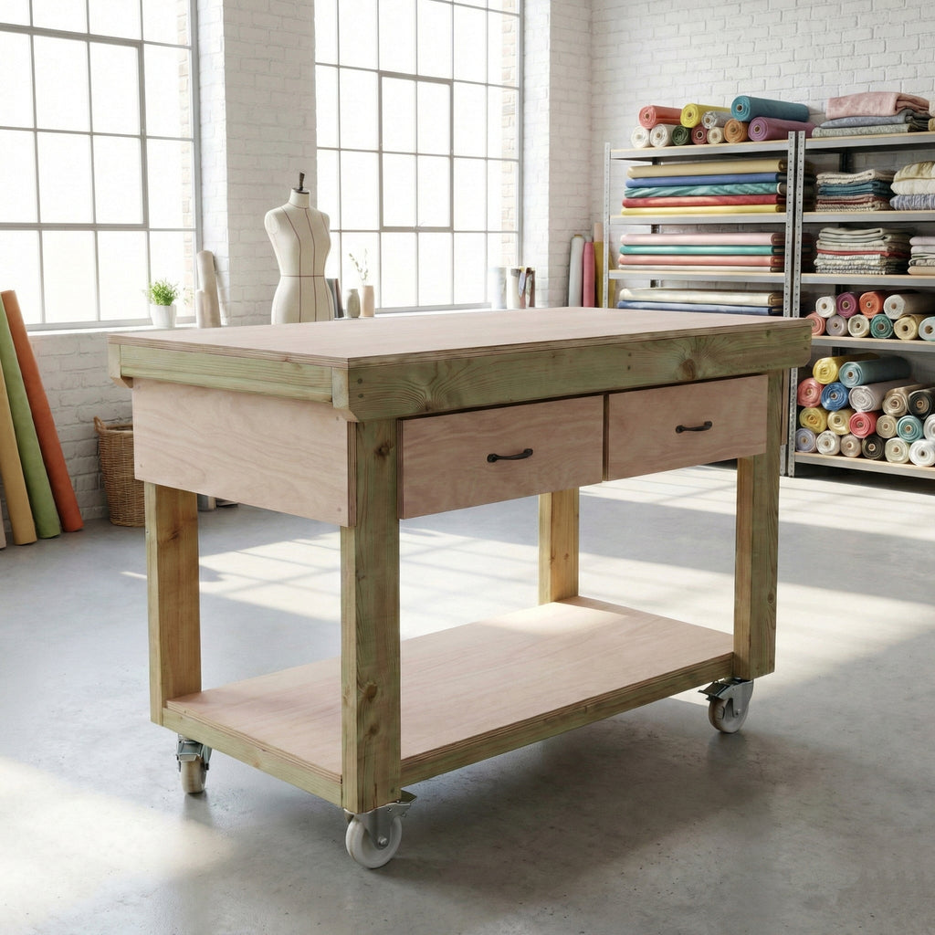 Wooden Eucalyptus hardwood workbench, tool cabinet with drawer (V.1) with wheels - SGP Garden Ltd