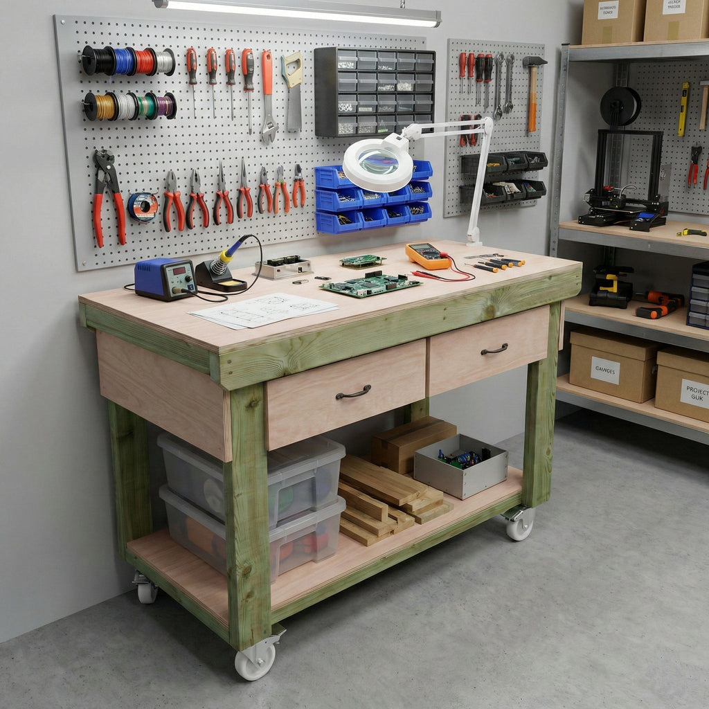 Wooden Eucalyptus hardwood workbench, tool cabinet with drawer (V.1) with wheels - SGP Garden Ltd