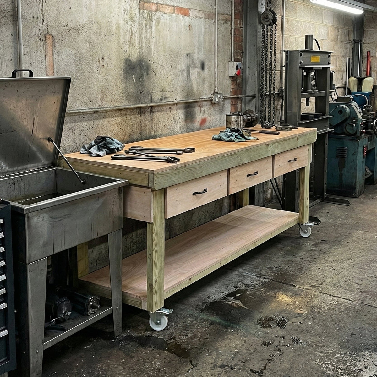 Wooden Eucalyptus hardwood workbench, tool cabinet with drawer (V.1) with wheels - SGP Garden Ltd
