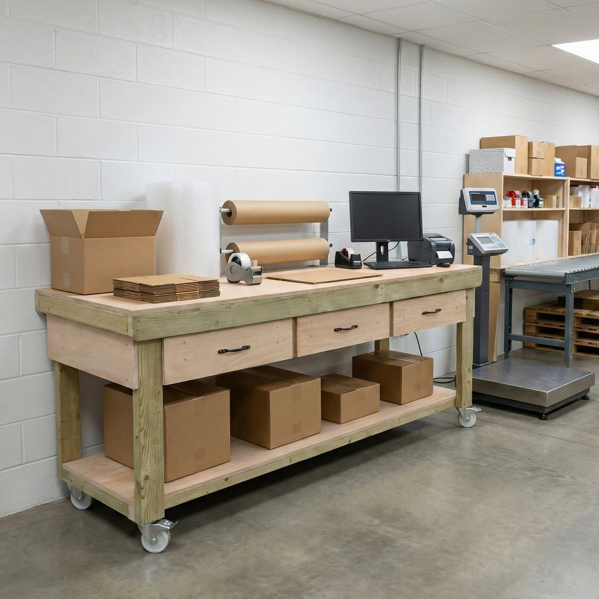 Wooden Eucalyptus hardwood workbench, tool cabinet with drawer (V.1) with wheels - SGP Garden Ltd