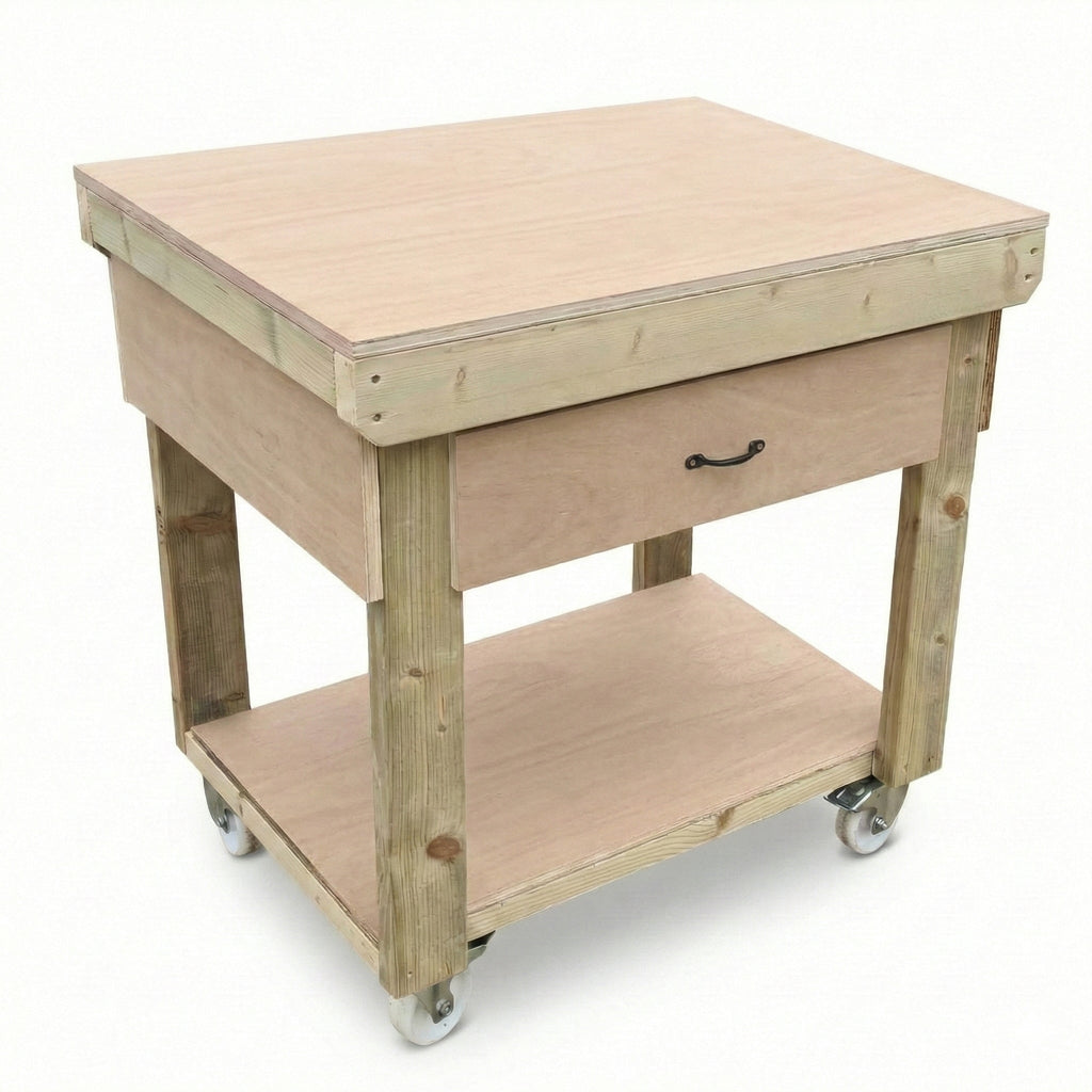 Wooden Eucalyptus hardwood workbench, tool cabinet with drawer (V.1) with wheels - SGP Garden Ltd