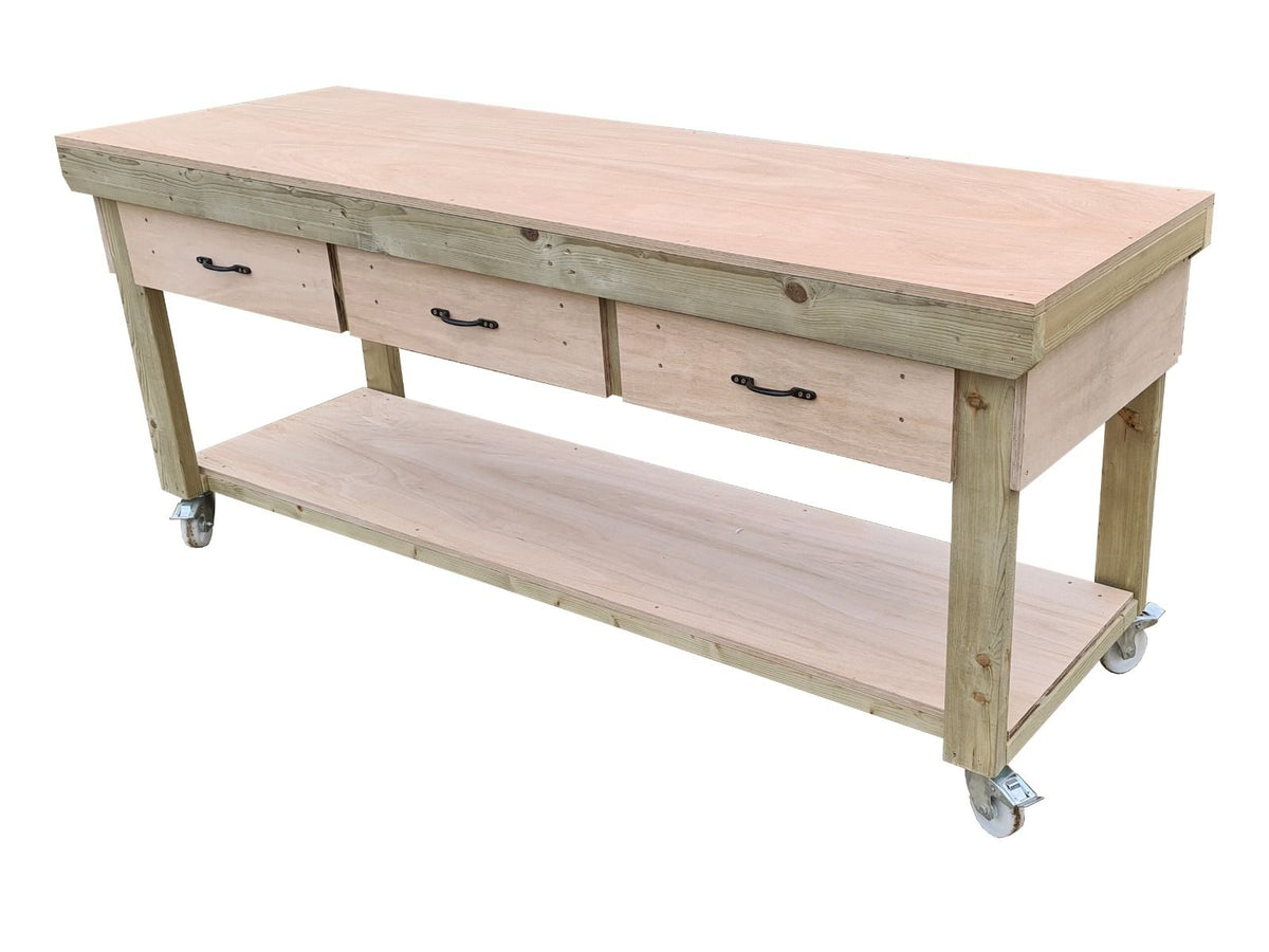 Wooden Eucalyptus hardwood workbench, tool cabinet with drawer (V.1) with wheels - SGP Garden Ltd