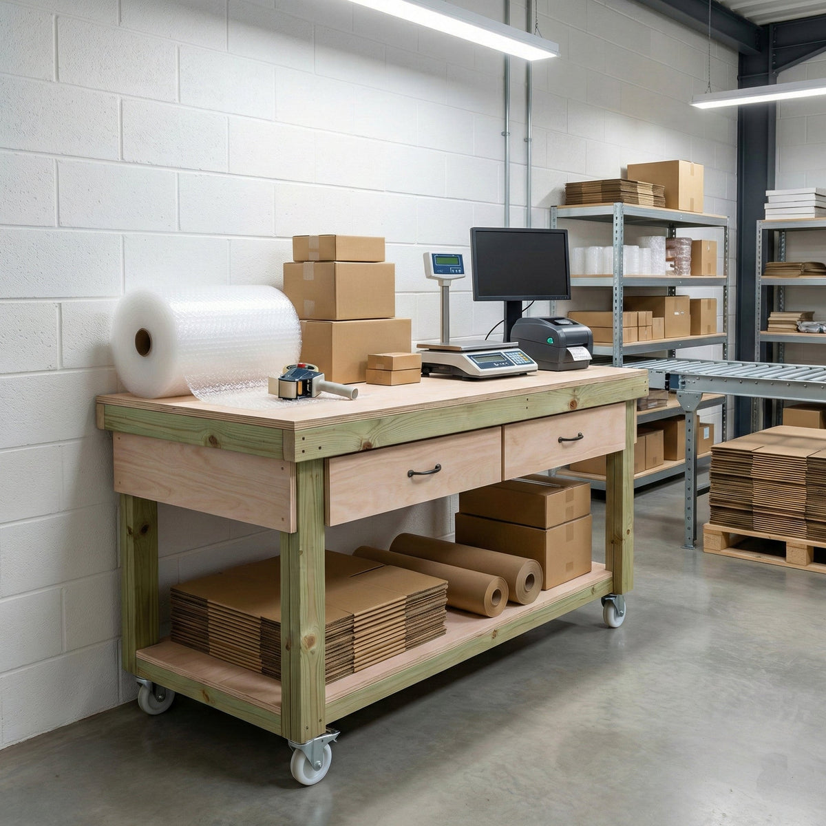 Wooden Eucalyptus hardwood workbench, tool cabinet with drawer (V.1) with wheels - SGP Garden Ltd