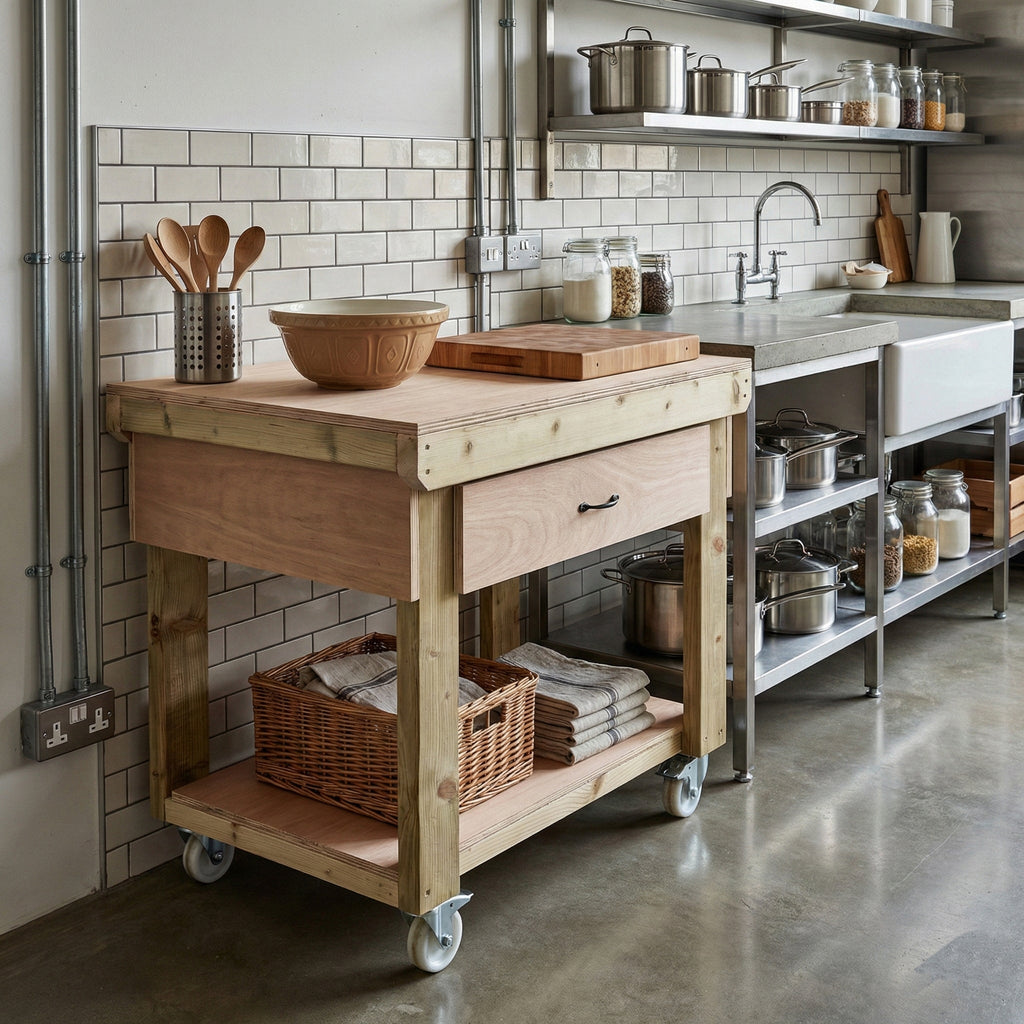 Wooden Eucalyptus hardwood workbench, tool cabinet with drawer (V.1) with wheels - SGP Garden Ltd
