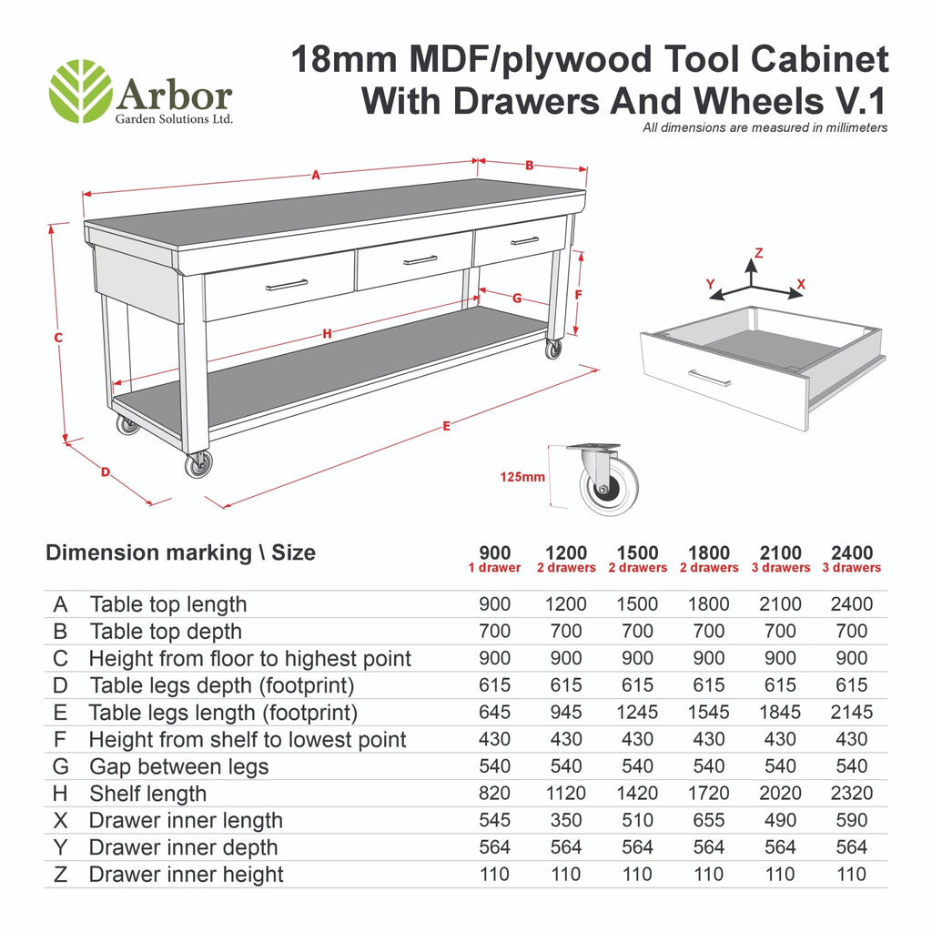 Wooden Eucalyptus hardwood workbench, tool cabinet with drawer (V.1) with wheels - SGP Garden Ltd