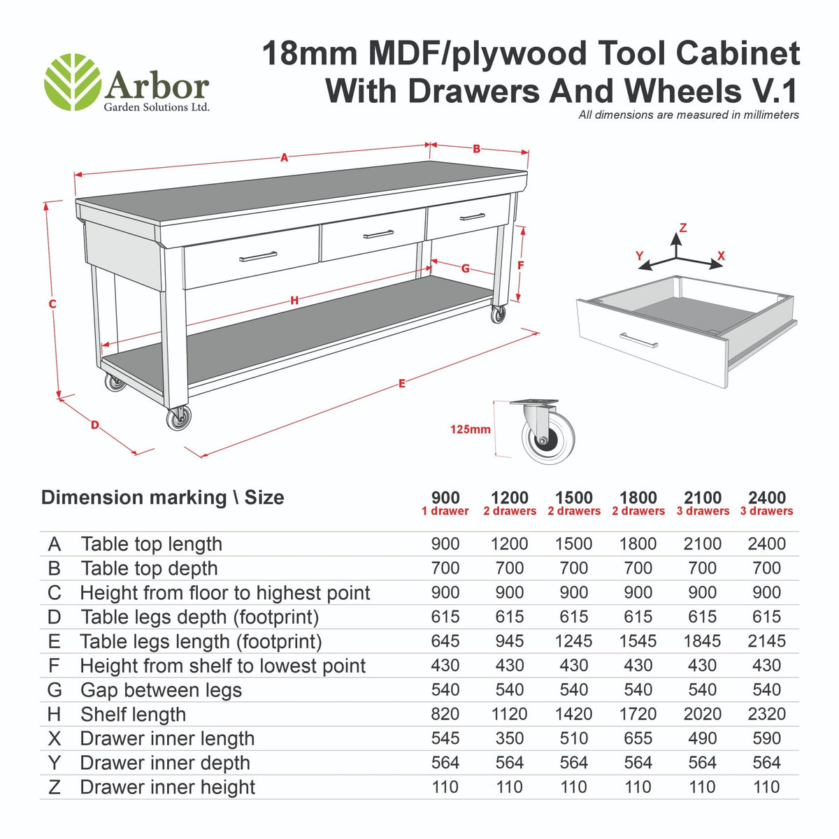 Wooden Eucalyptus hardwood workbench, tool cabinet with drawer (V.1) with wheels - SGP Garden Ltd