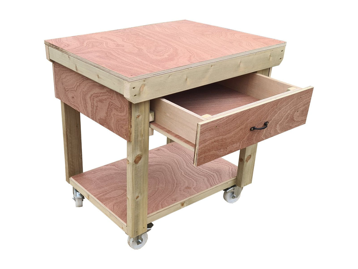 Wooden Eucalyptus hardwood workbench, tool cabinet with drawer (V.1) with wheels - SGP Garden Ltd