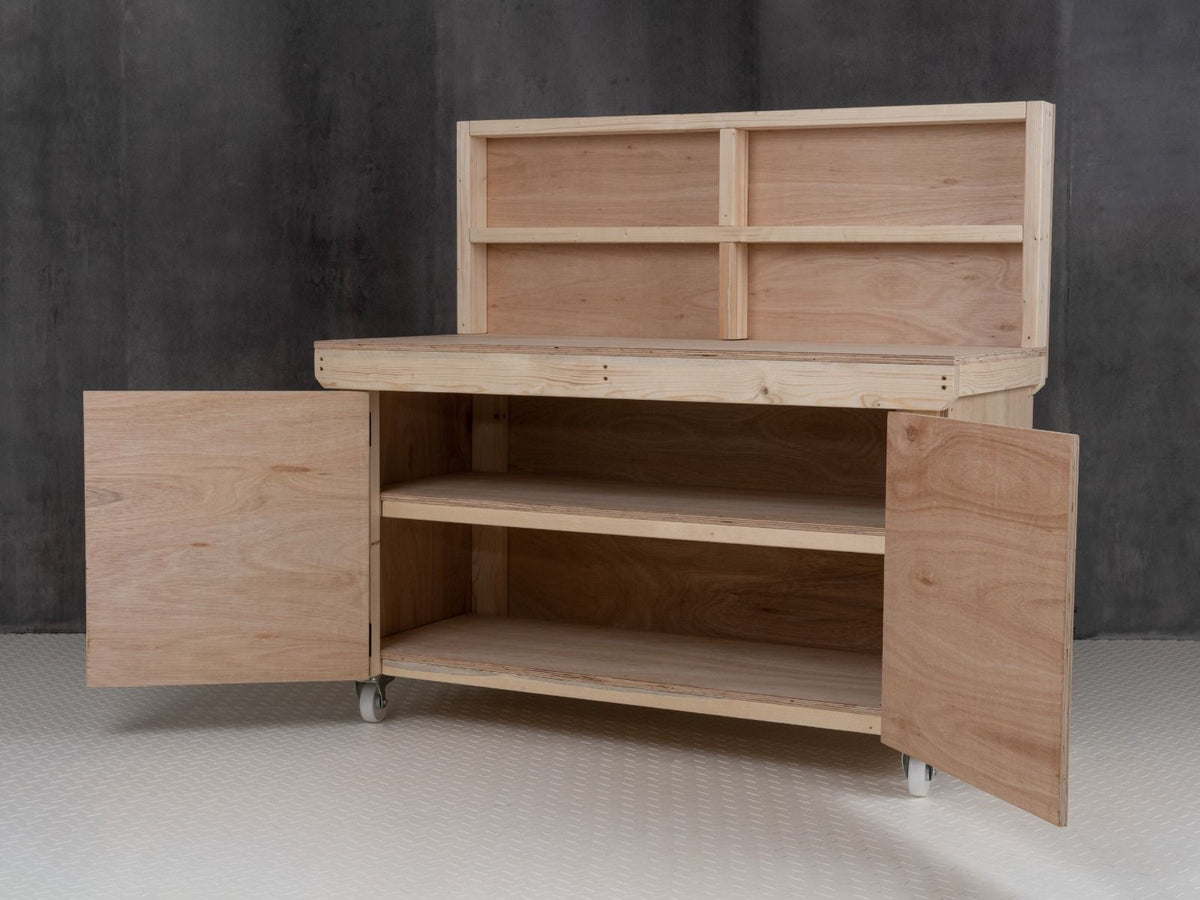 Wooden Eucalyptus hardwood workbench with lockable cupboard (V.9) with back panel, double shelf, wheels - SGP Garden Ltd