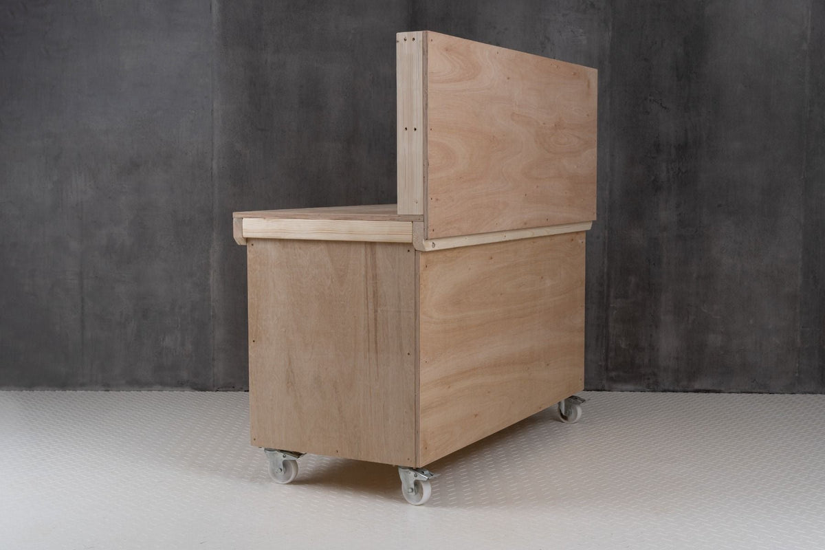 Wooden Eucalyptus hardwood workbench with lockable cupboard (V.9) with back panel, double shelf, wheels - SGP Garden Ltd