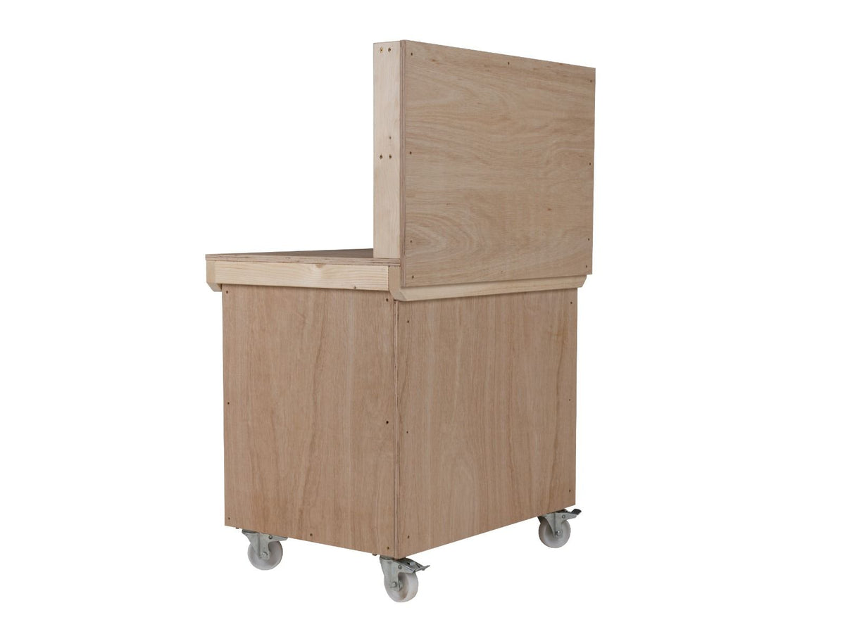 Wooden Eucalyptus hardwood workbench with lockable cupboard (V.9) with back panel, double shelf, wheels - SGP Garden Ltd