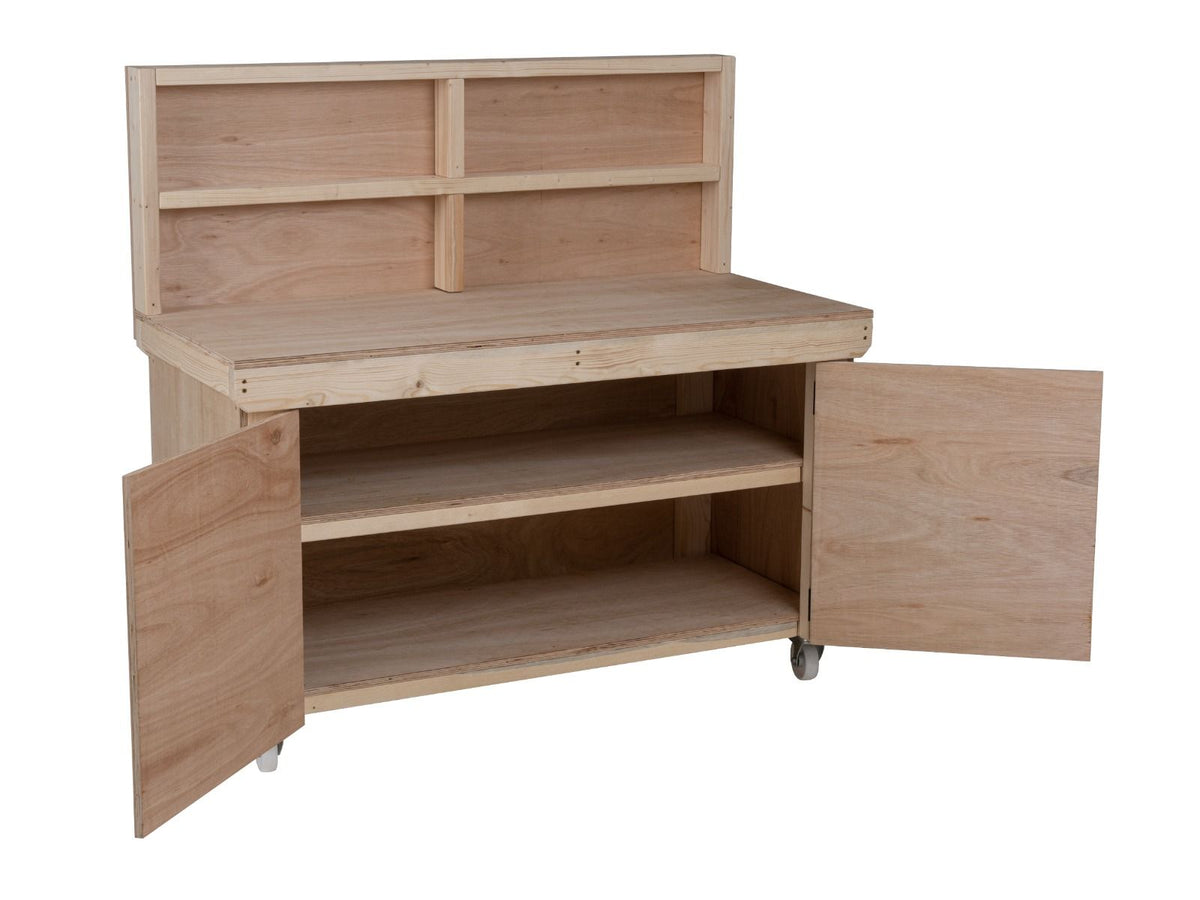 Wooden Eucalyptus hardwood workbench with lockable cupboard (V.9) with back panel, double shelf, wheels - SGP Garden Ltd