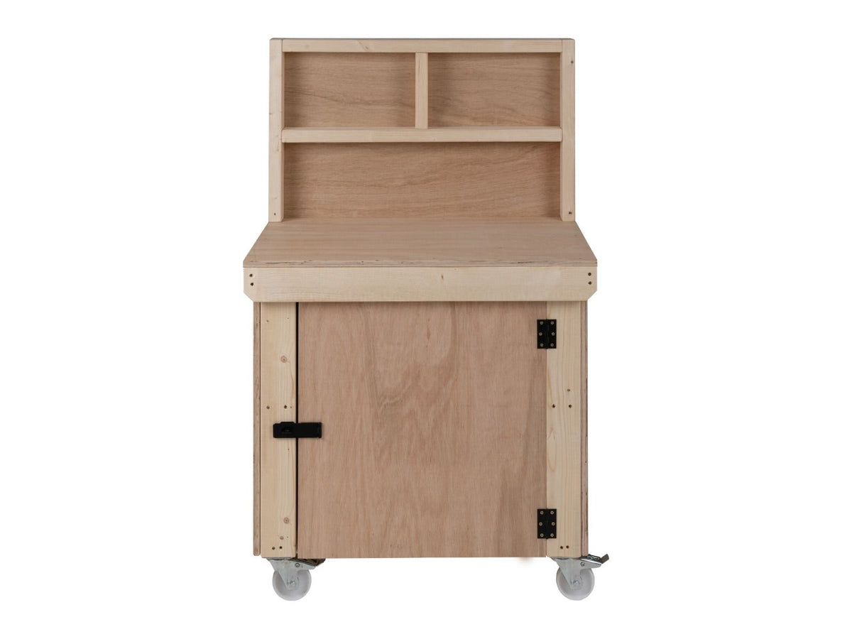 Wooden Eucalyptus hardwood workbench with lockable cupboard (V.9) with back panel, double shelf, wheels - SGP Garden Ltd