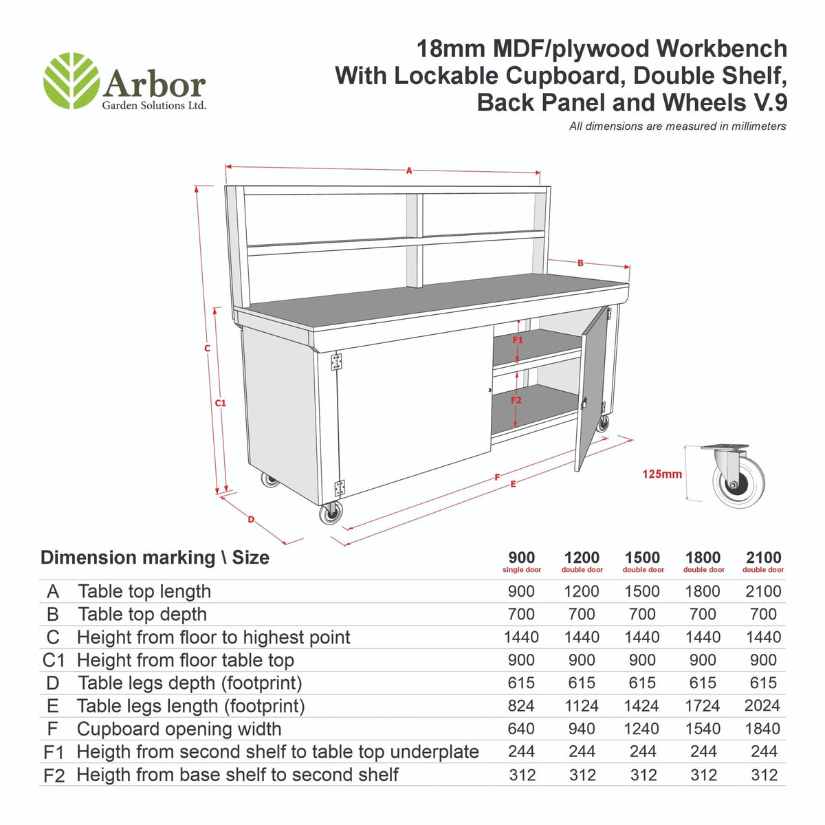 Wooden Eucalyptus hardwood workbench with lockable cupboard (V.9) with back panel, double shelf, wheels - SGP Garden Ltd