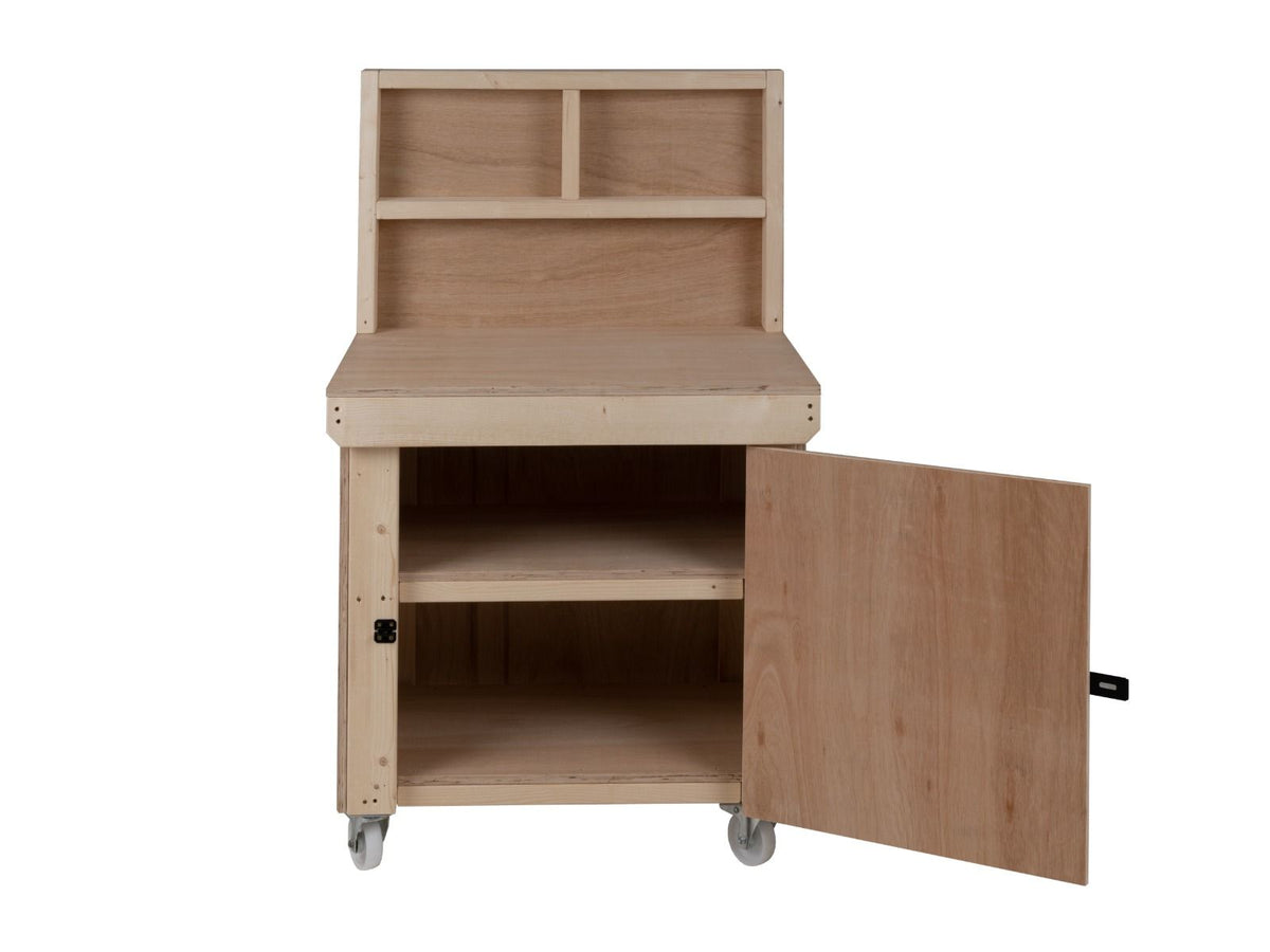 Wooden Eucalyptus hardwood workbench with lockable cupboard (V.9) with back panel, double shelf, wheels - SGP Garden Ltd
