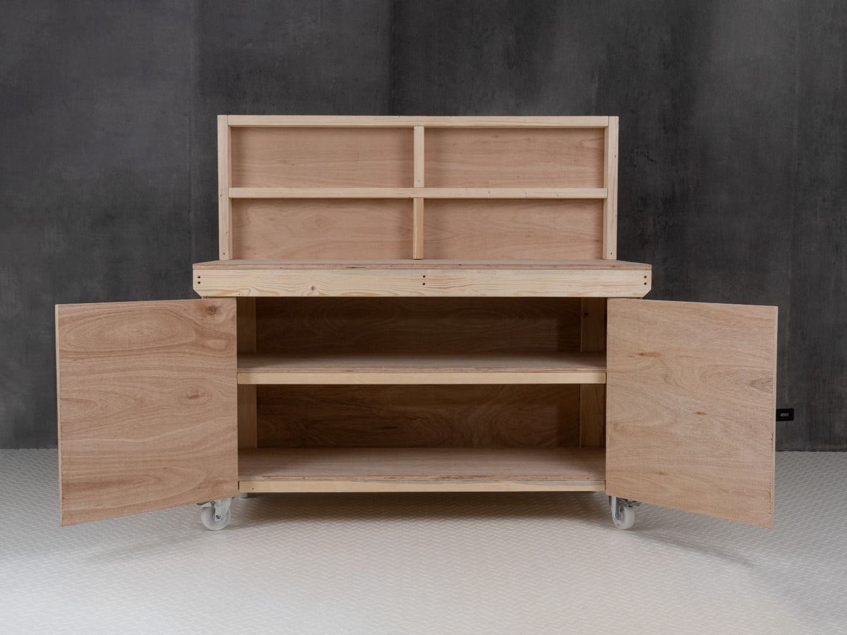 Wooden Eucalyptus hardwood workbench with lockable cupboard (V.9) with back panel, double shelf, wheels - SGP Garden Ltd