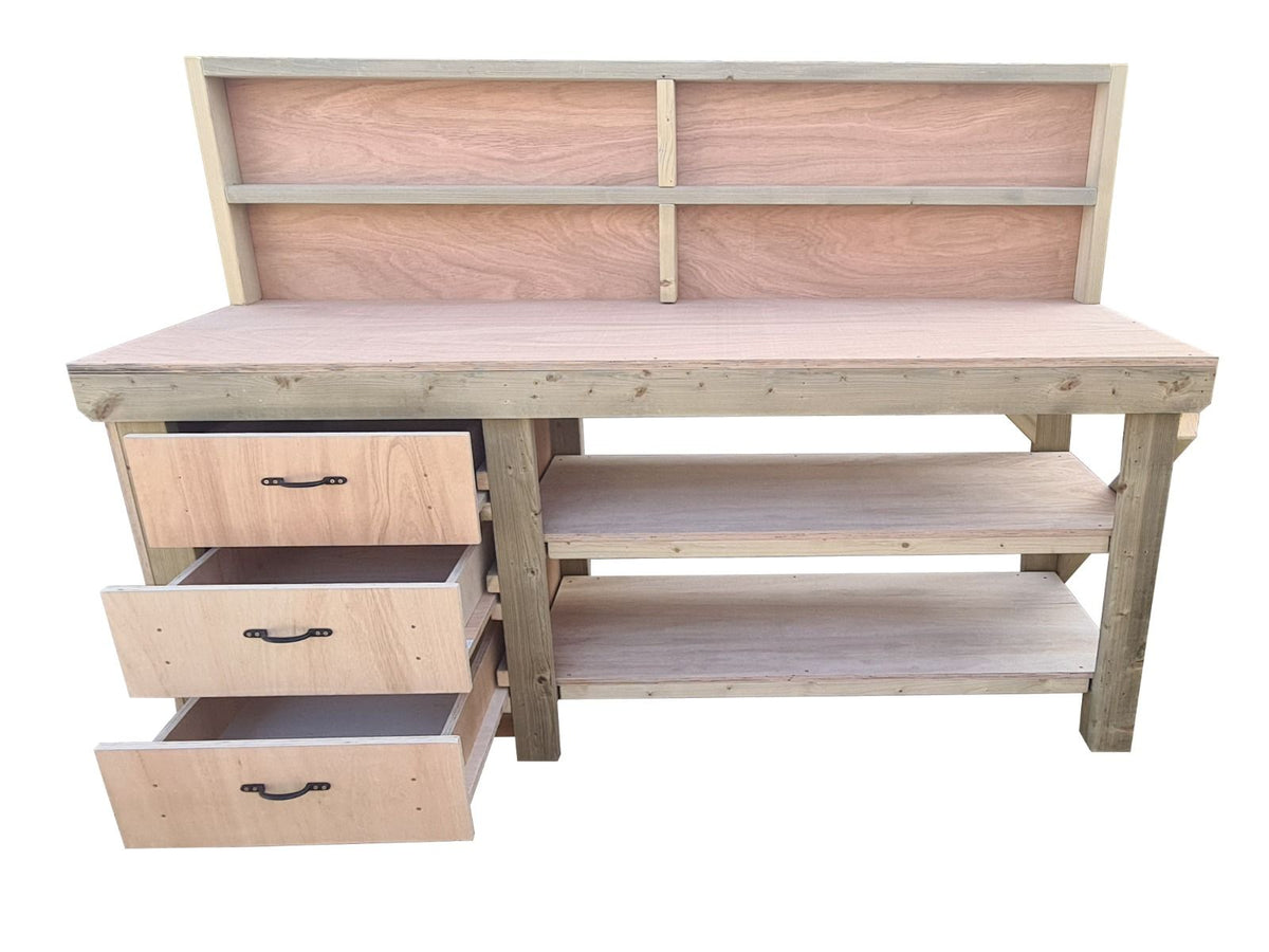 Wooden Eucalyptus top tool cabinet workbench with storage shelf (V.7) with back panel and double shelf - SGP Garden Ltd