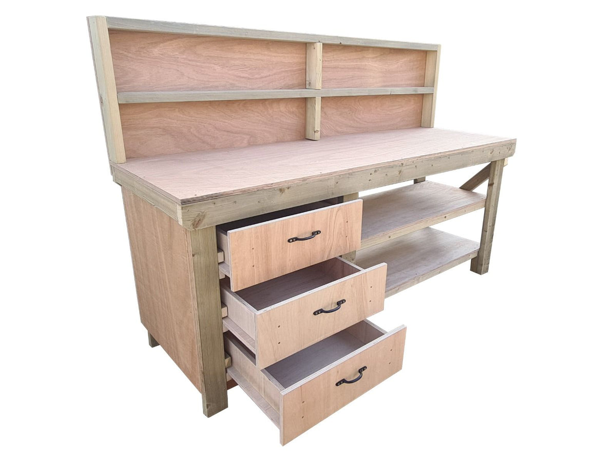 Wooden Eucalyptus top tool cabinet workbench with storage shelf (V.7) with back panel and double shelf - SGP Garden Ltd