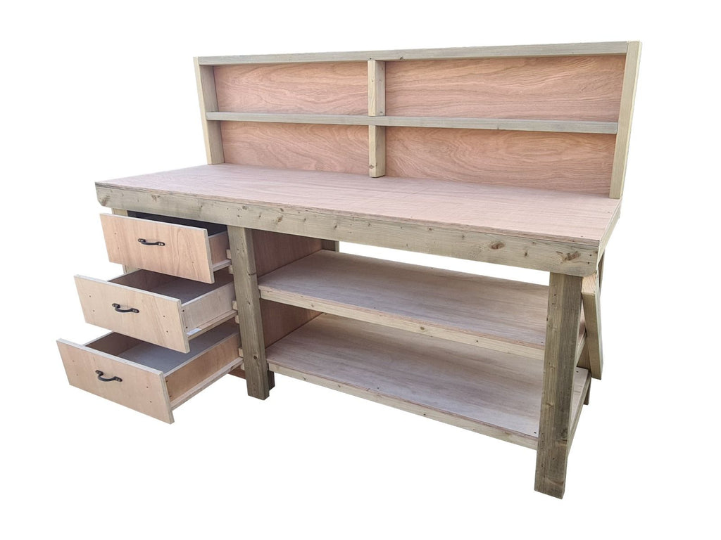 Wooden Eucalyptus top tool cabinet workbench with storage shelf (V.7) with back panel and double shelf - SGP Garden Ltd
