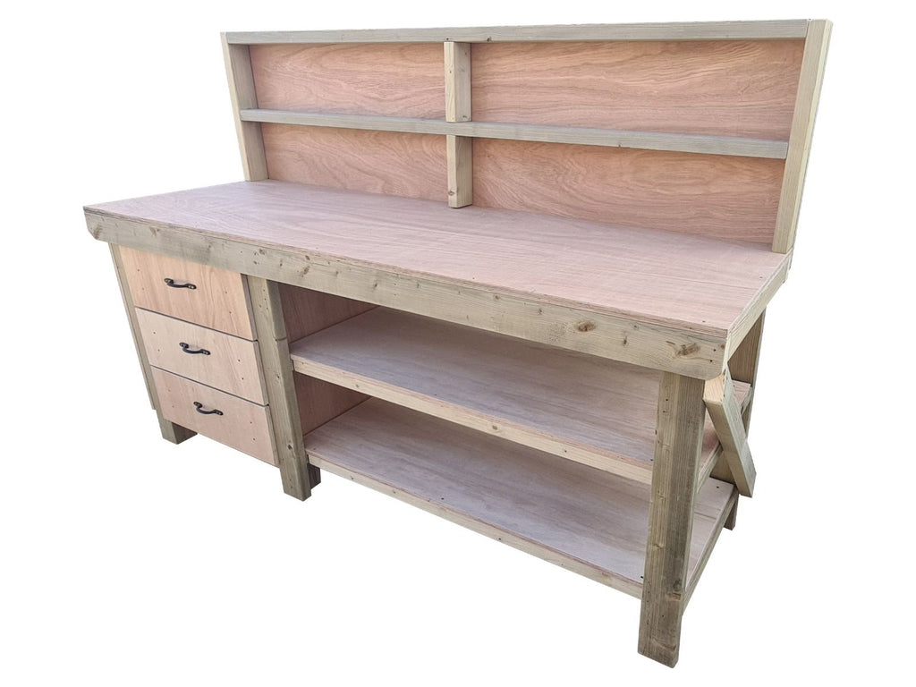 Wooden Eucalyptus top tool cabinet workbench with storage shelf (V.7) with back panel and double shelf - SGP Garden Ltd