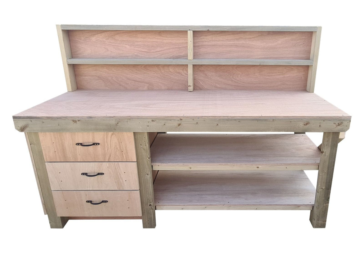 Wooden Eucalyptus top tool cabinet workbench with storage shelf (V.7) with back panel and double shelf - SGP Garden Ltd