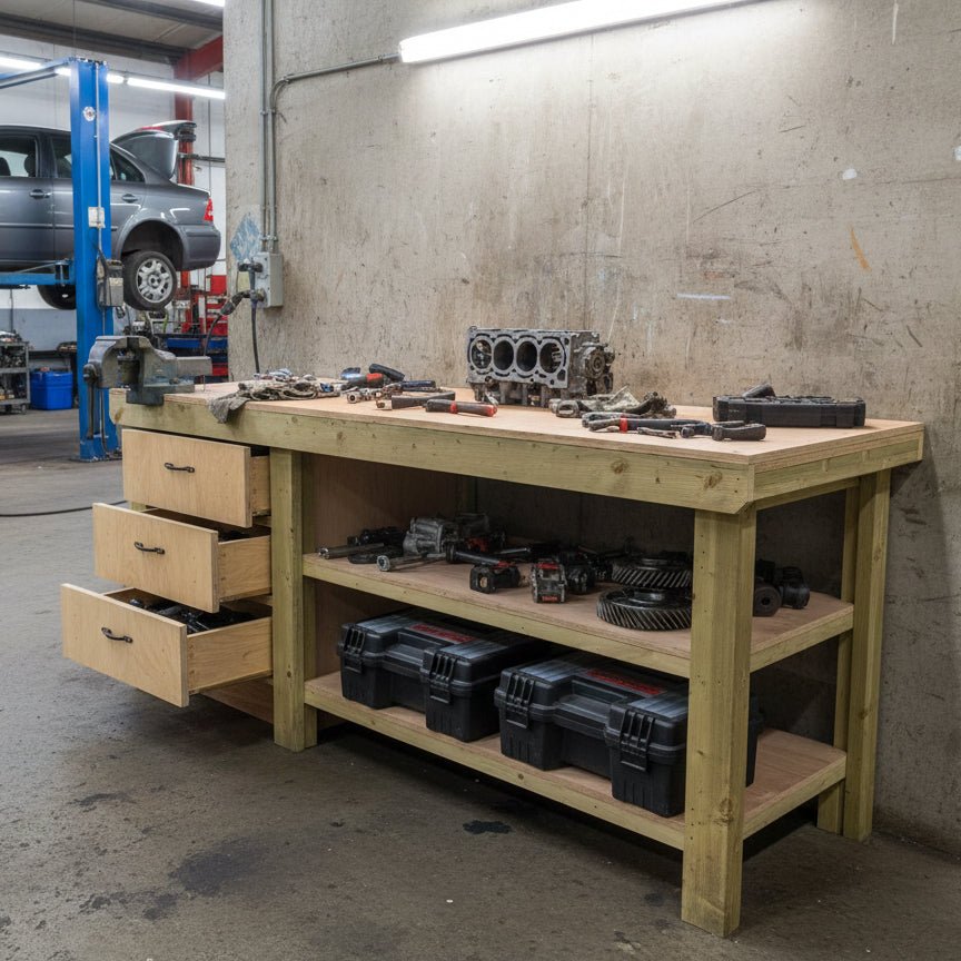 Wooden Eucalyptus top tool cabinet workbench with storage shelf (V.7) with double shelf - SGP Garden Ltd