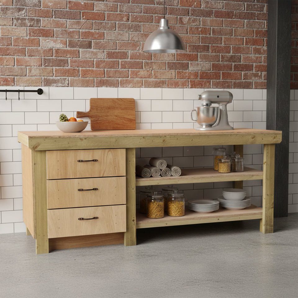 Wooden Eucalyptus top tool cabinet workbench with storage shelf (V.7) with double shelf - SGP Garden Ltd