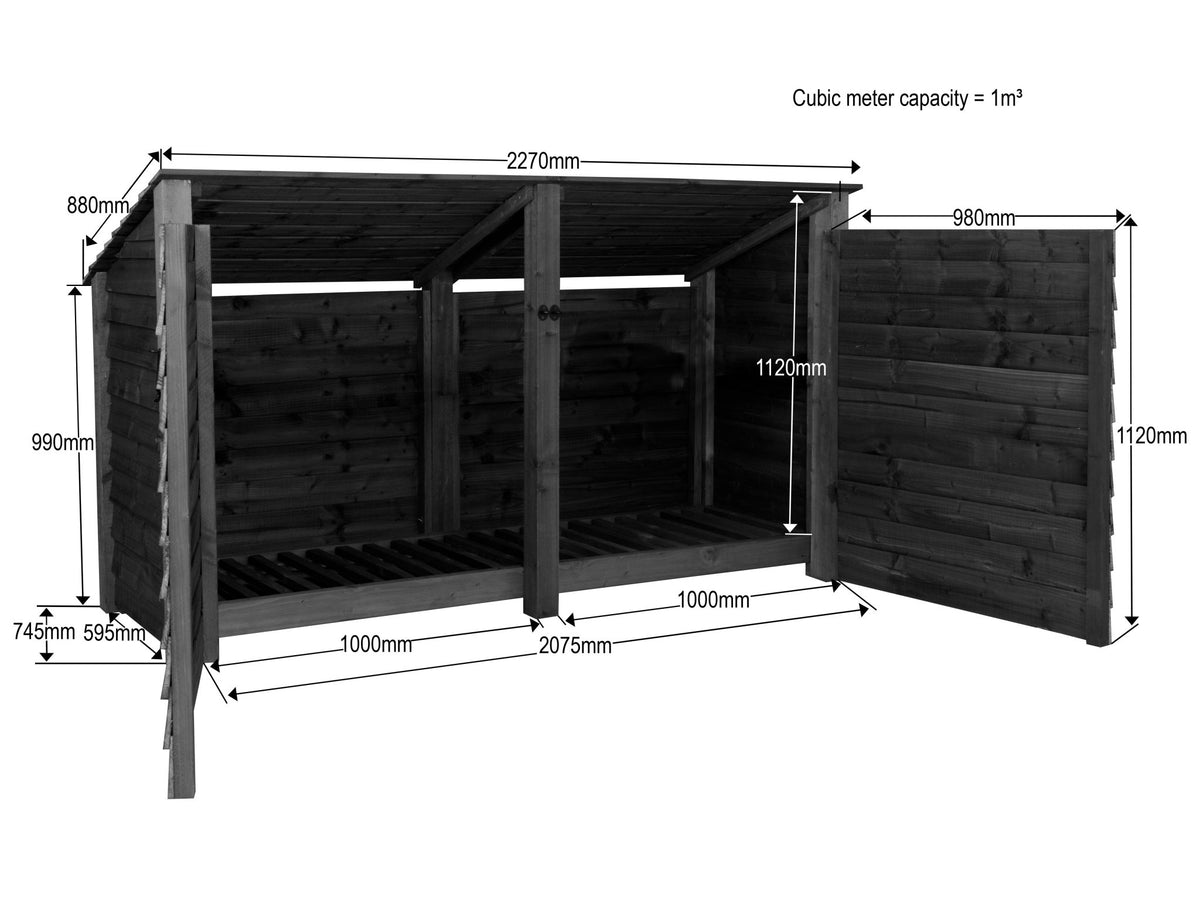 Wooden Garden Tool Storage (Roof Sloping Back) W-227cm, H-126cm or 180cm, D-88cm - Brown Finish - SGP Garden Ltd