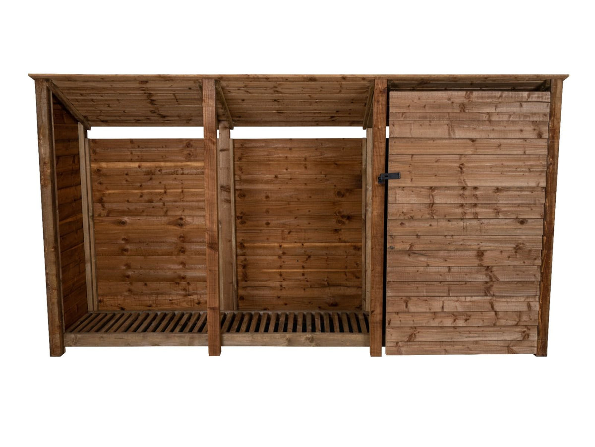 Wooden Garden Tool Storage (Roof Sloping Back) W-335cm, H-126cm or 180cm, D-88cm - Brown Finish - SGP Garden Ltd