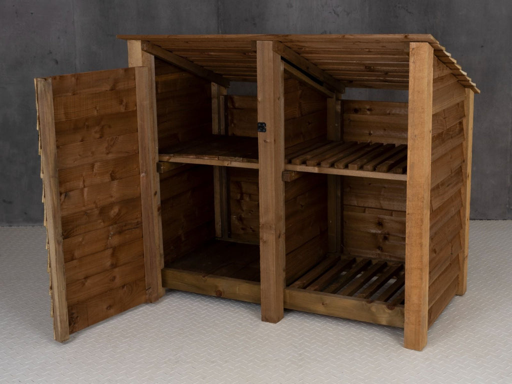 Wooden Garden Tool Storage (Roof Sloping Back) with Shelf W-146cm, H-126cm or 180cm, D-88cm - Brown Finish - SGP Garden Ltd