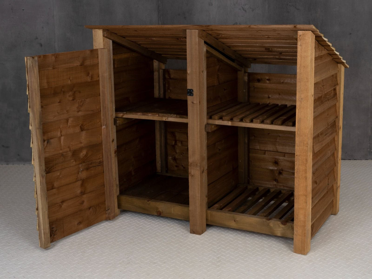 Wooden Garden Tool Storage (Roof Sloping Back) with Shelf W-146cm, H-126cm or 180cm, D-88cm - Brown Finish - SGP Garden Ltd
