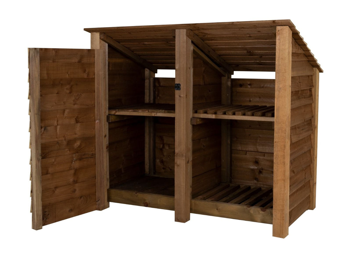 Wooden Garden Tool Storage (Roof Sloping Back) with Shelf W-146cm, H-126cm or 180cm, D-88cm - Brown Finish - SGP Garden Ltd