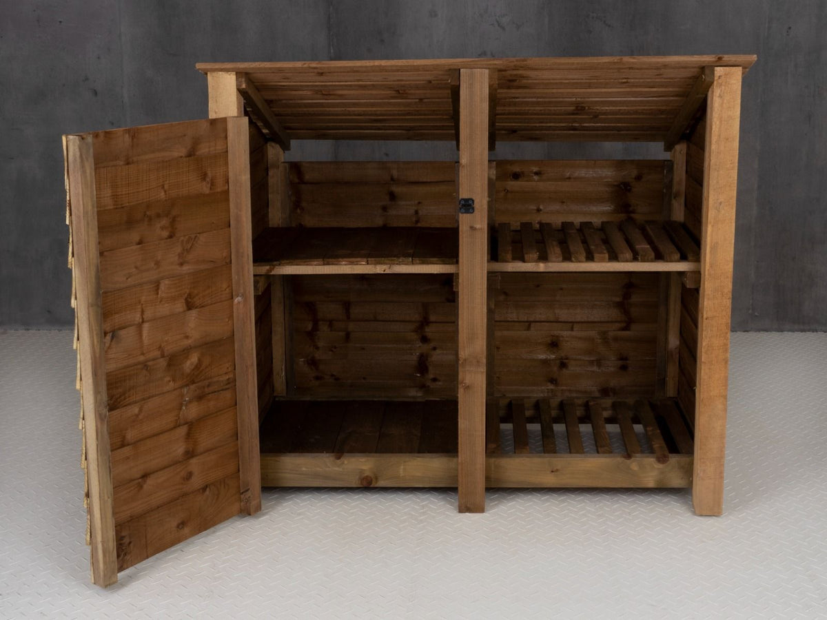 Wooden Garden Tool Storage (Roof Sloping Back) with Shelf W-146cm, H-126cm or 180cm, D-88cm - Brown Finish - SGP Garden Ltd