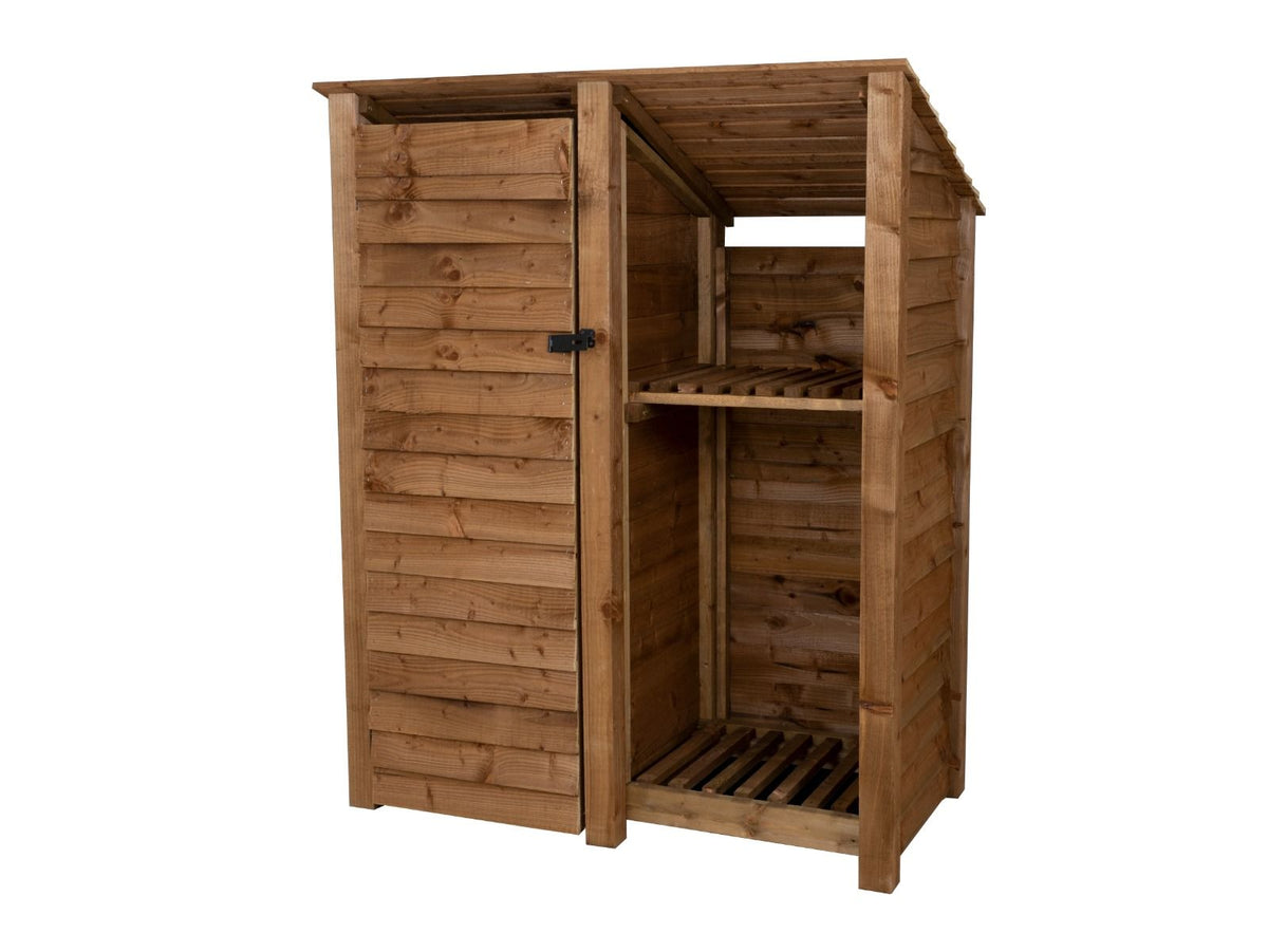 Wooden Garden Tool Storage (Roof Sloping Back) with Shelf W-146cm, H-126cm or 180cm, D-88cm - Brown Finish - SGP Garden Ltd