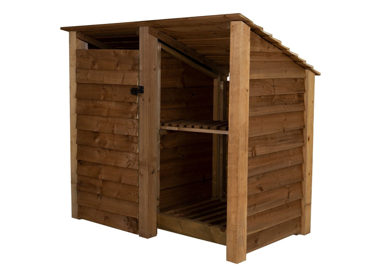 Wooden Garden Tool Storage (Roof Sloping Back) with Shelf W-146cm, H-126cm or 180cm, D-88cm - Brown Finish - SGP Garden Ltd