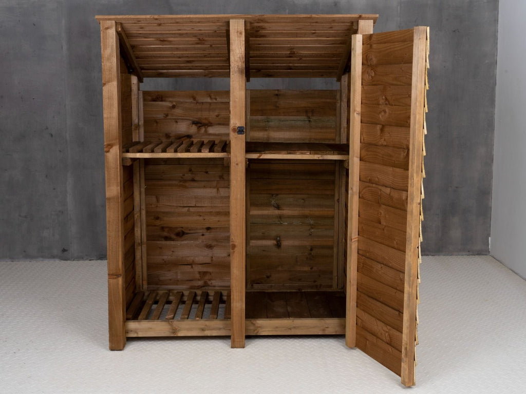 Wooden Garden Tool Storage (Roof Sloping Back) with Shelf W-146cm, H-126cm or 180cm, D-88cm - Brown Finish - SGP Garden Ltd