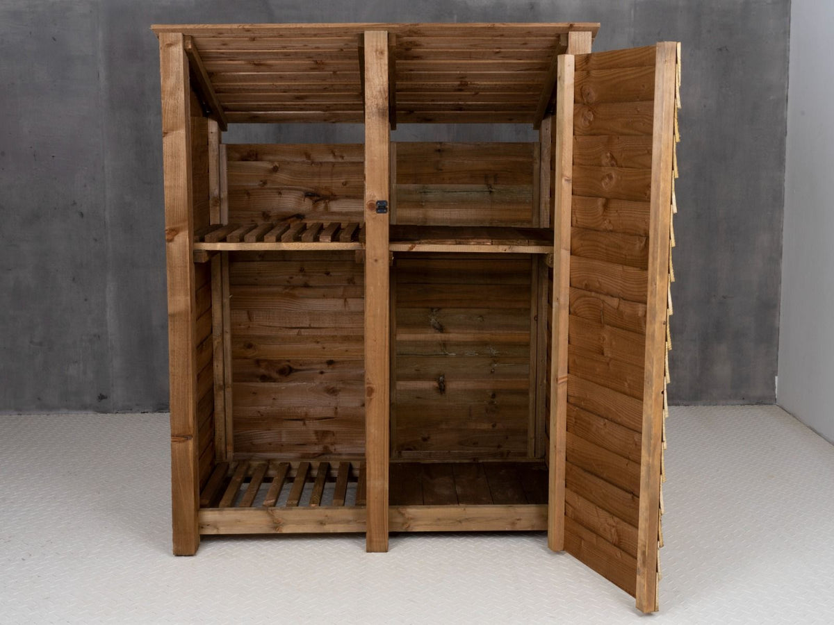 Wooden Garden Tool Storage (Roof Sloping Back) with Shelf W-146cm, H-126cm or 180cm, D-88cm - Brown Finish - SGP Garden Ltd