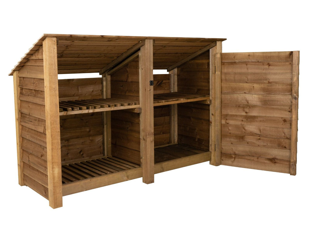 Wooden Garden Tool Storage (Roof Sloping Back) with Shelf W-187cm, H-126cm or 180cm, D-88cm - Brown Finish - SGP Garden Ltd