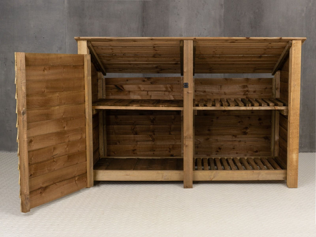Wooden Garden Tool Storage (Roof Sloping Back) with Shelf W-187cm, H-126cm or 180cm, D-88cm - Brown Finish - SGP Garden Ltd