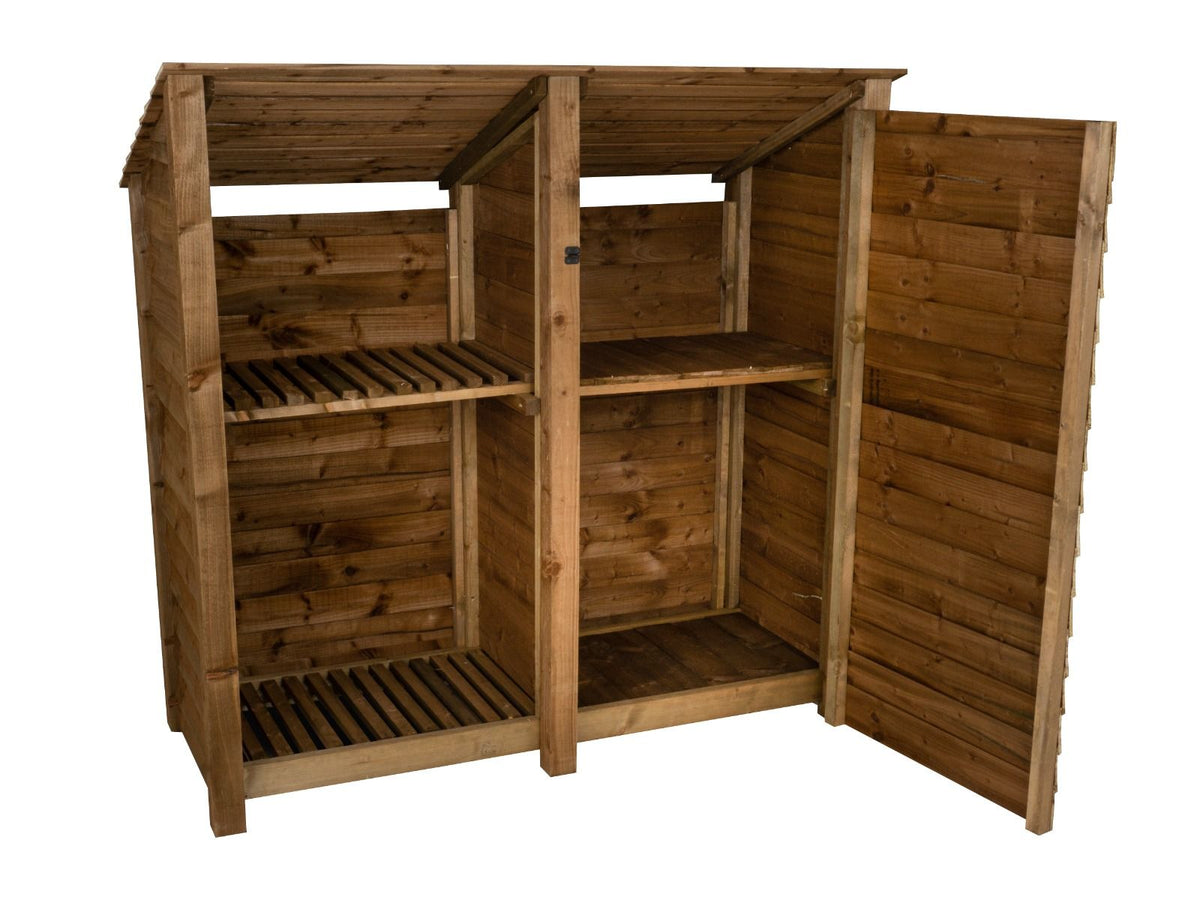 Wooden Garden Tool Storage (Roof Sloping Back) with Shelf W-187cm, H-126cm or 180cm, D-88cm - Brown Finish - SGP Garden Ltd