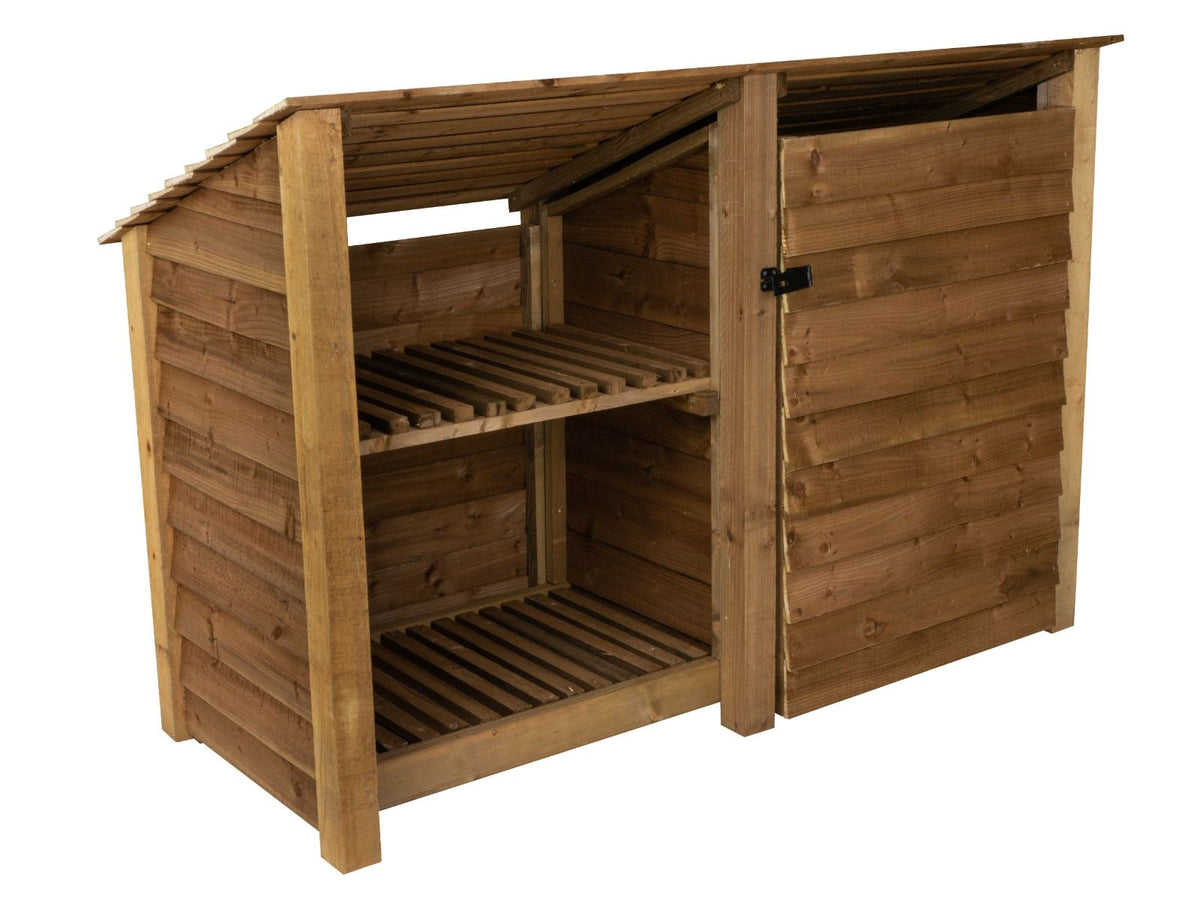 Wooden Garden Tool Storage (Roof Sloping Back) with Shelf W-187cm, H-126cm or 180cm, D-88cm - Brown Finish - SGP Garden Ltd