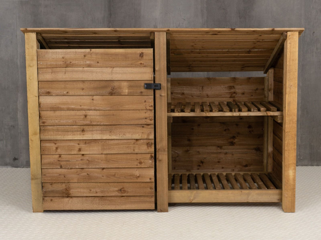 Wooden Garden Tool Storage (Roof Sloping Back) with Shelf W-187cm, H-126cm or 180cm, D-88cm - Brown Finish - SGP Garden Ltd