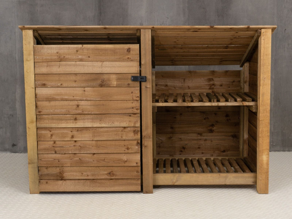 Wooden Garden Tool Storage (Roof Sloping Back) with Shelf W-187cm, H-126cm or 180cm, D-88cm - Brown Finish - SGP Garden Ltd